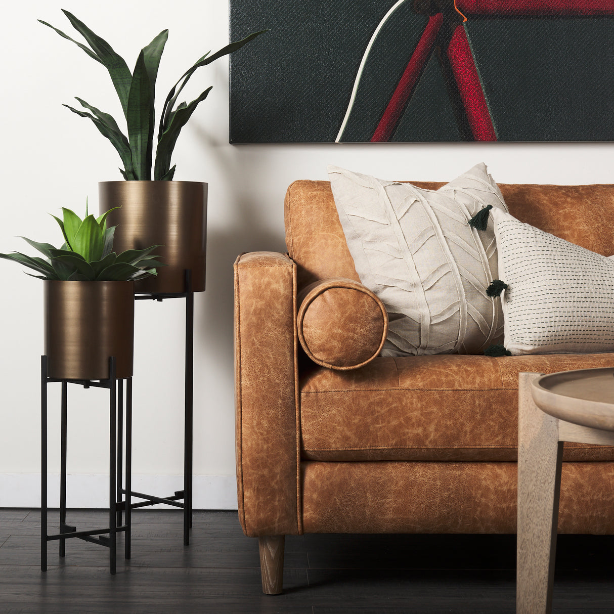 Loretta 88.0L x 36.2W x 33.9H Cognac Brown Faux Leather Three Seater Sofa with Two Bolster Cushions from Mercana - Luna Furniture