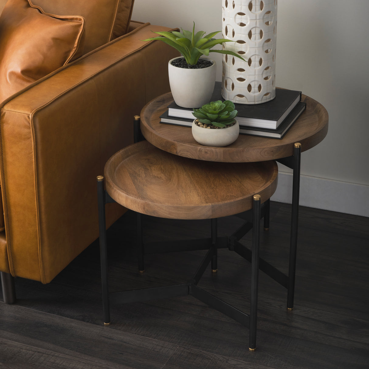Marquisa (Set of 2) 22.5L x 22.5W x 20.8H Light Brown Wood W/ Black Metal Base Nesting Side Tables from Mercana - Luna Furniture