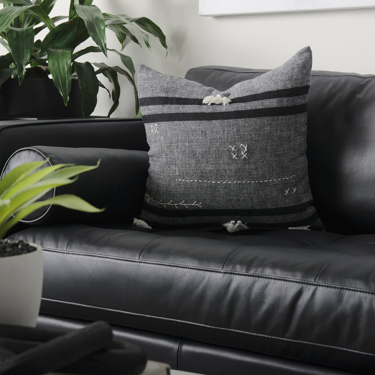 Sibyl 18L x 18W Black Fabric Striped and White Fringed Decorative Pillow Cover from Mercana - Luna Furniture