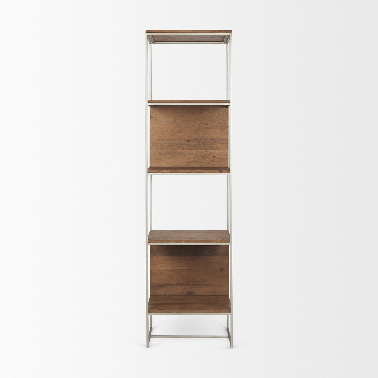 Morris II 19.75 x 15 x 72.5 Brown Wood and Silver Metal Frame 4 Shelf Shelving Unit from Mercana - Luna Furniture