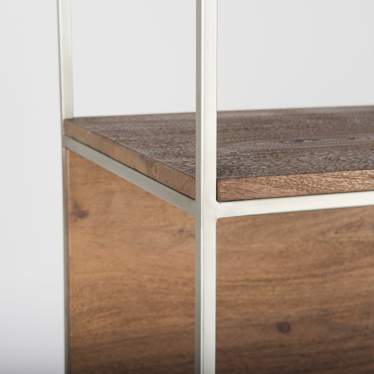 Morris II 19.75 x 15 x 72.5 Brown Wood and Silver Metal Frame 4 Shelf Shelving Unit from Mercana - Luna Furniture