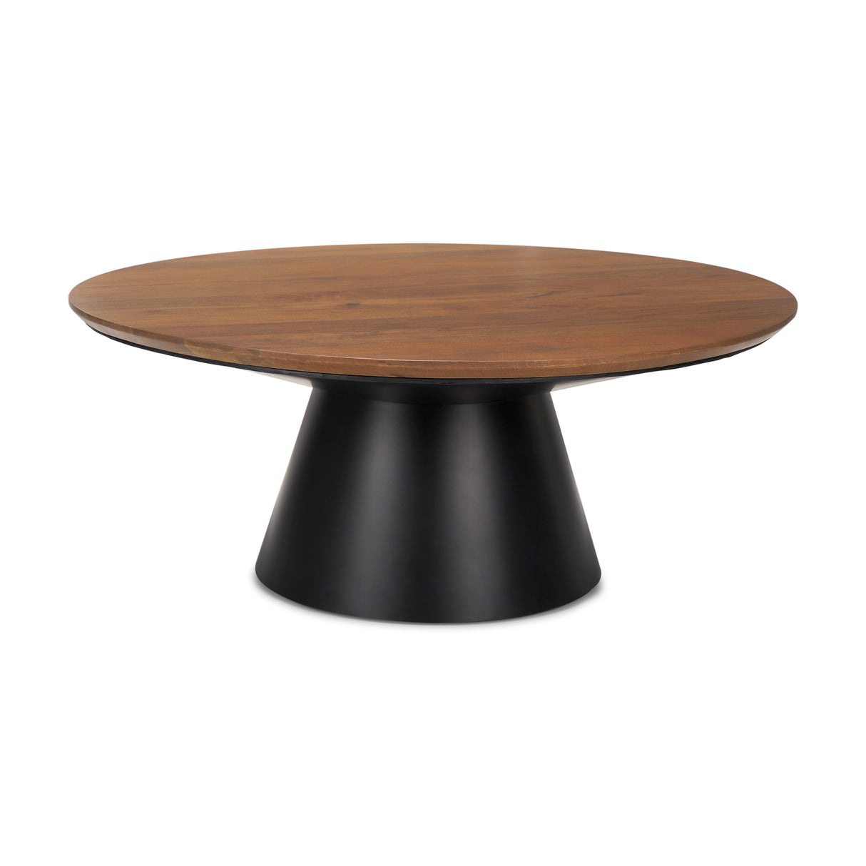 Mitchell 40.0L x 40.0W x 16.0H Black Metal Pedestal Base with Brown Wood Top Coffee Table from Mercana - Luna Furniture