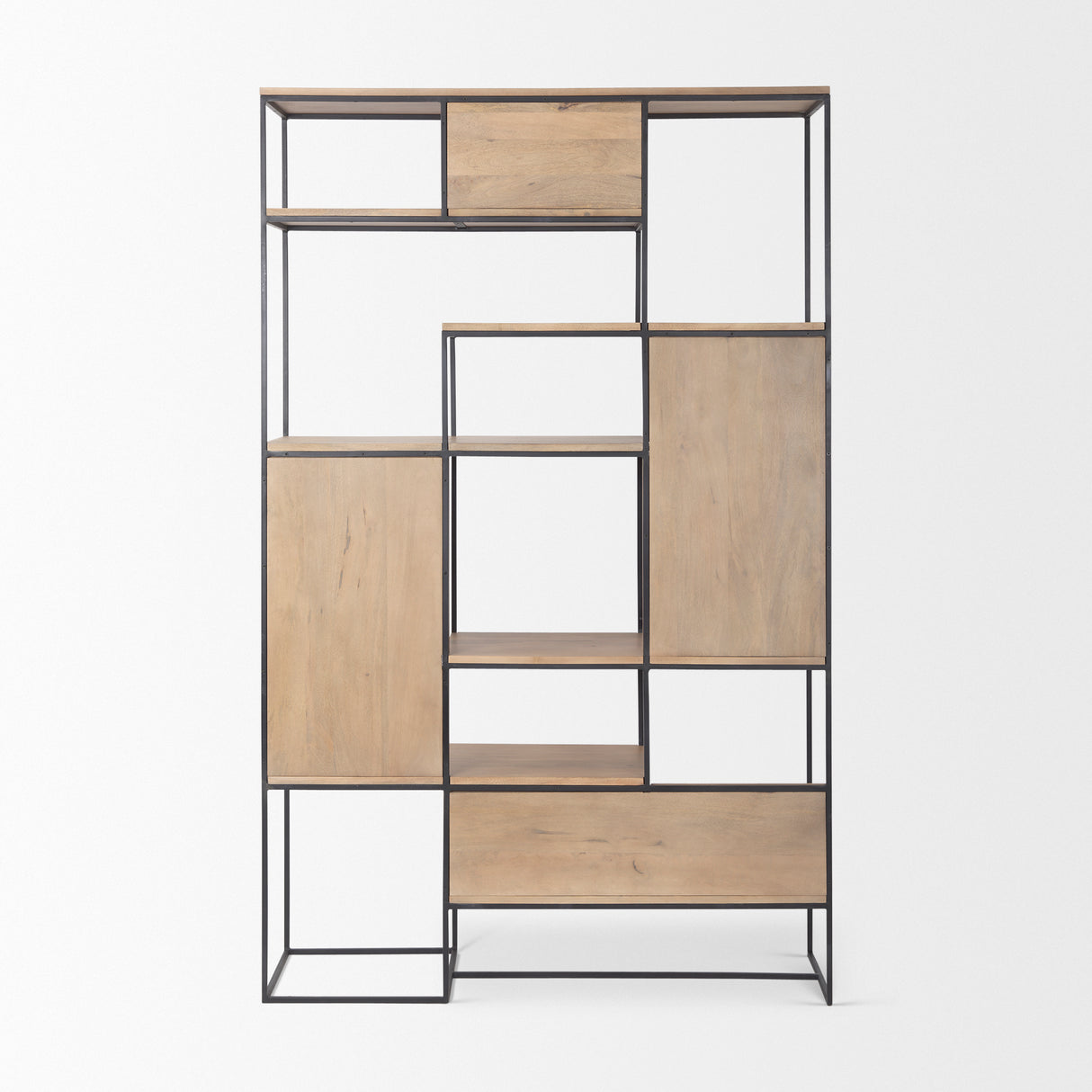 Morris 47.0L x 15.0W x 75.0H Light Brown Wood w/ Black Metal Frame 6-Tier Shelving Unit from Mercana - Luna Furniture