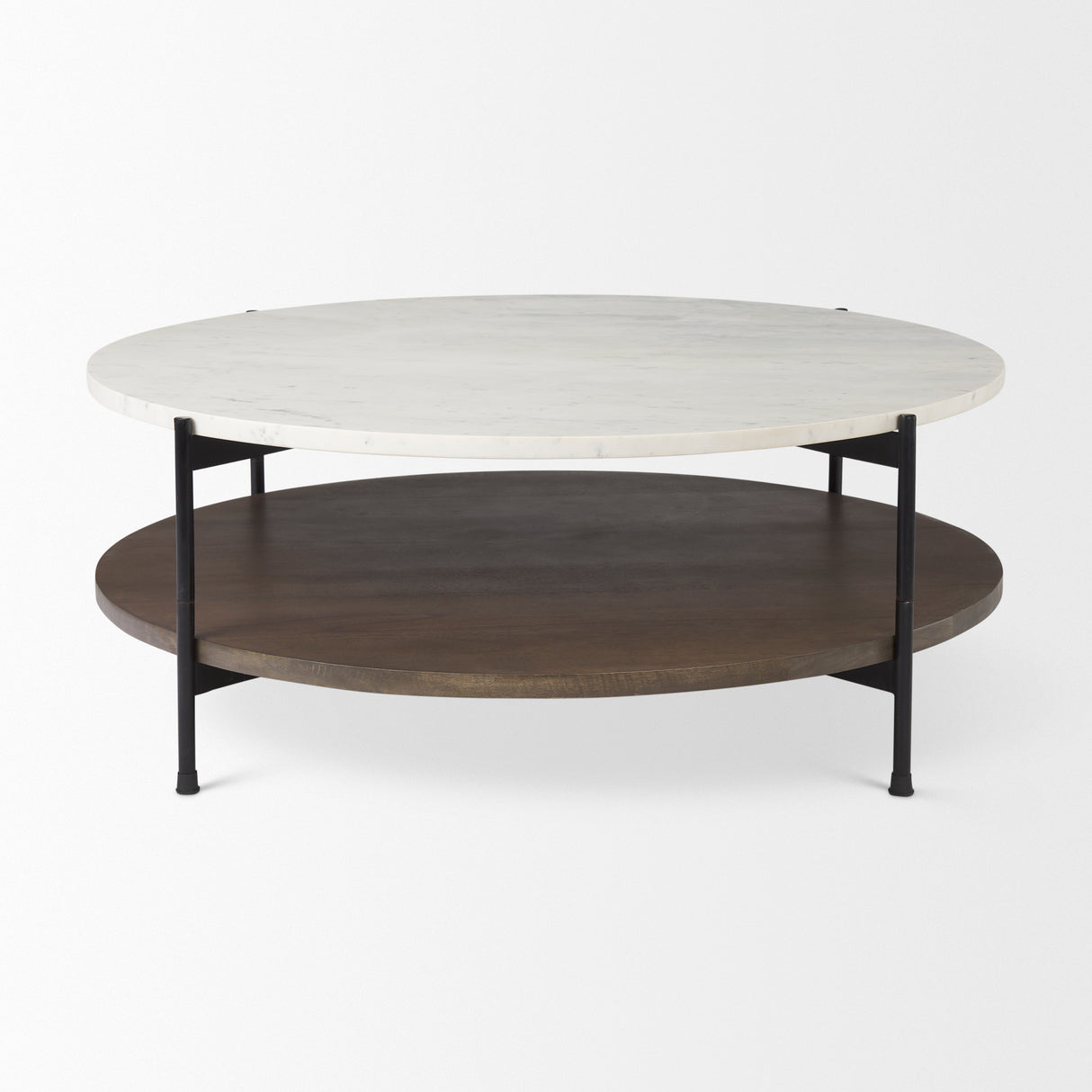 Larkin 42" Round Two-Tier White Marble Top and Solid Wood Shelf w/ Black Metal Frame Coffee Table from Mercana - Luna Furniture