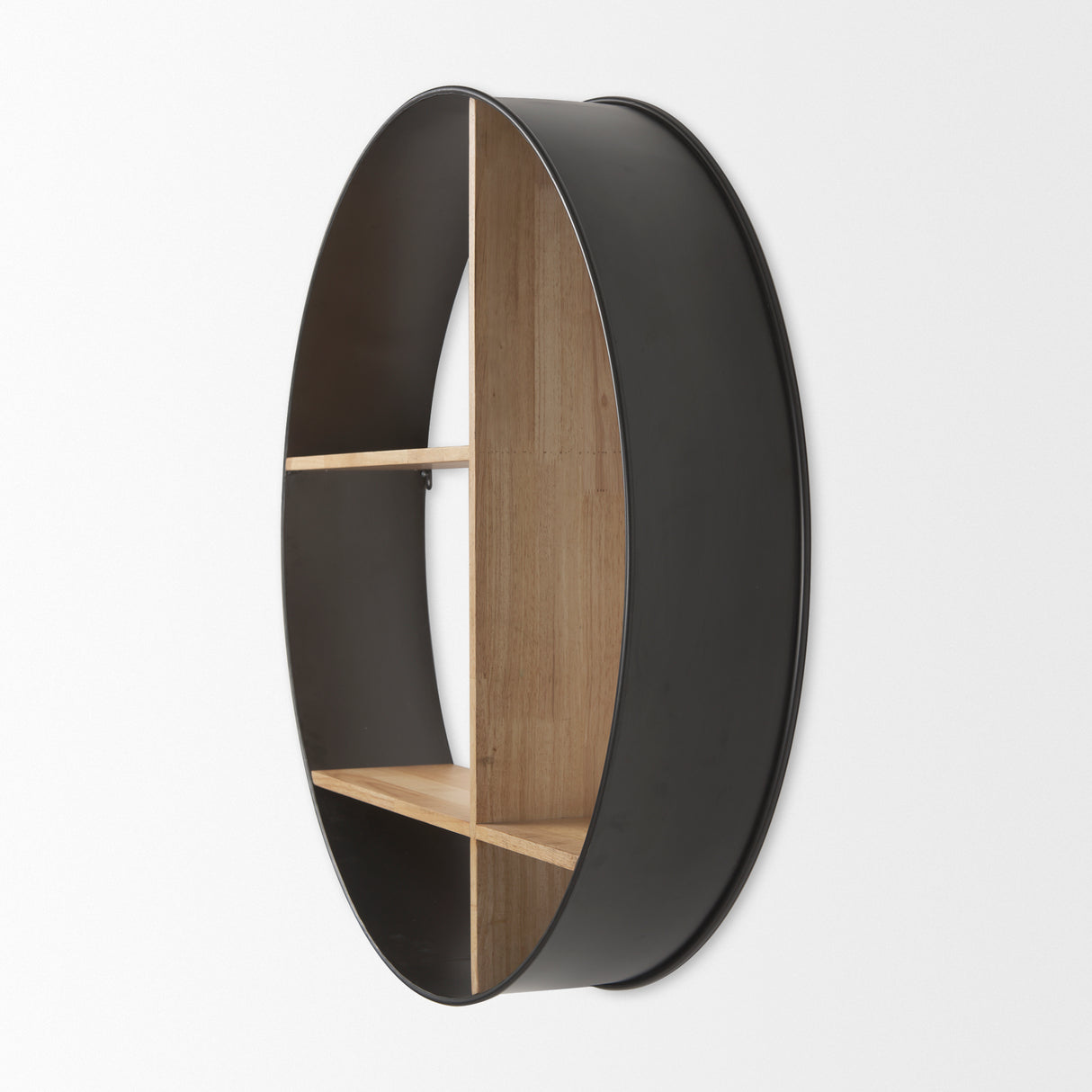Hector 36.0L x 7.0W x 36.0H Brown Wood W/ Black Metal Round Wall Shelf from Mercana - Luna Furniture