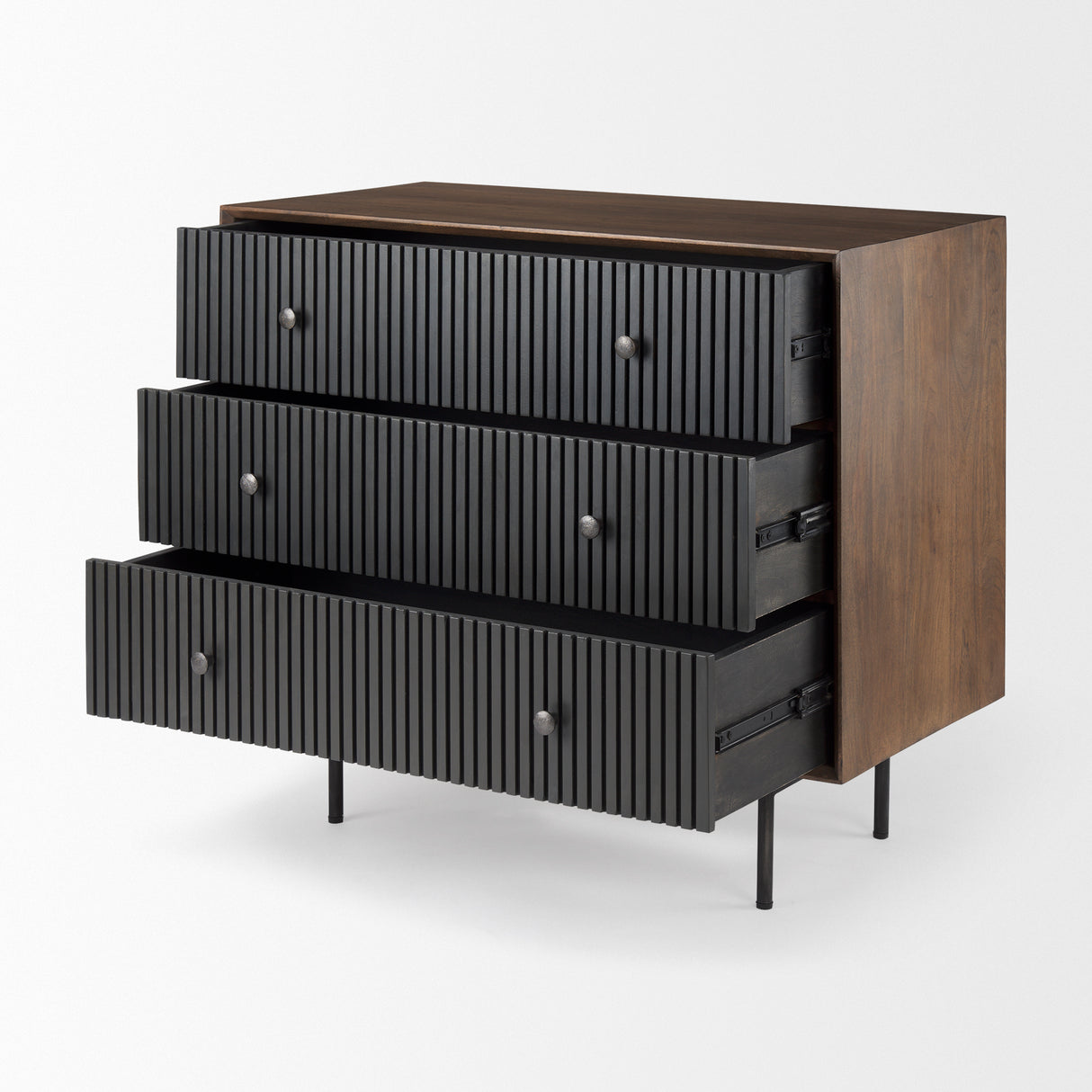 Grace 35.5L x 18.0W x 31.0H Medium Brown Wood W/Black Metal Frame 3 Drawer Accent Cabinet from Mercana - Luna Furniture