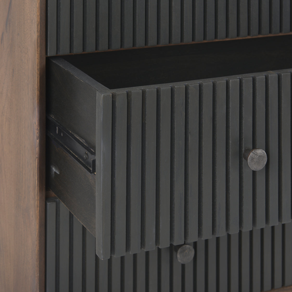Grace 35.5L x 18.0W x 31.0H Medium Brown Wood W/Black Metal Frame 3 Drawer Accent Cabinet from Mercana - Luna Furniture