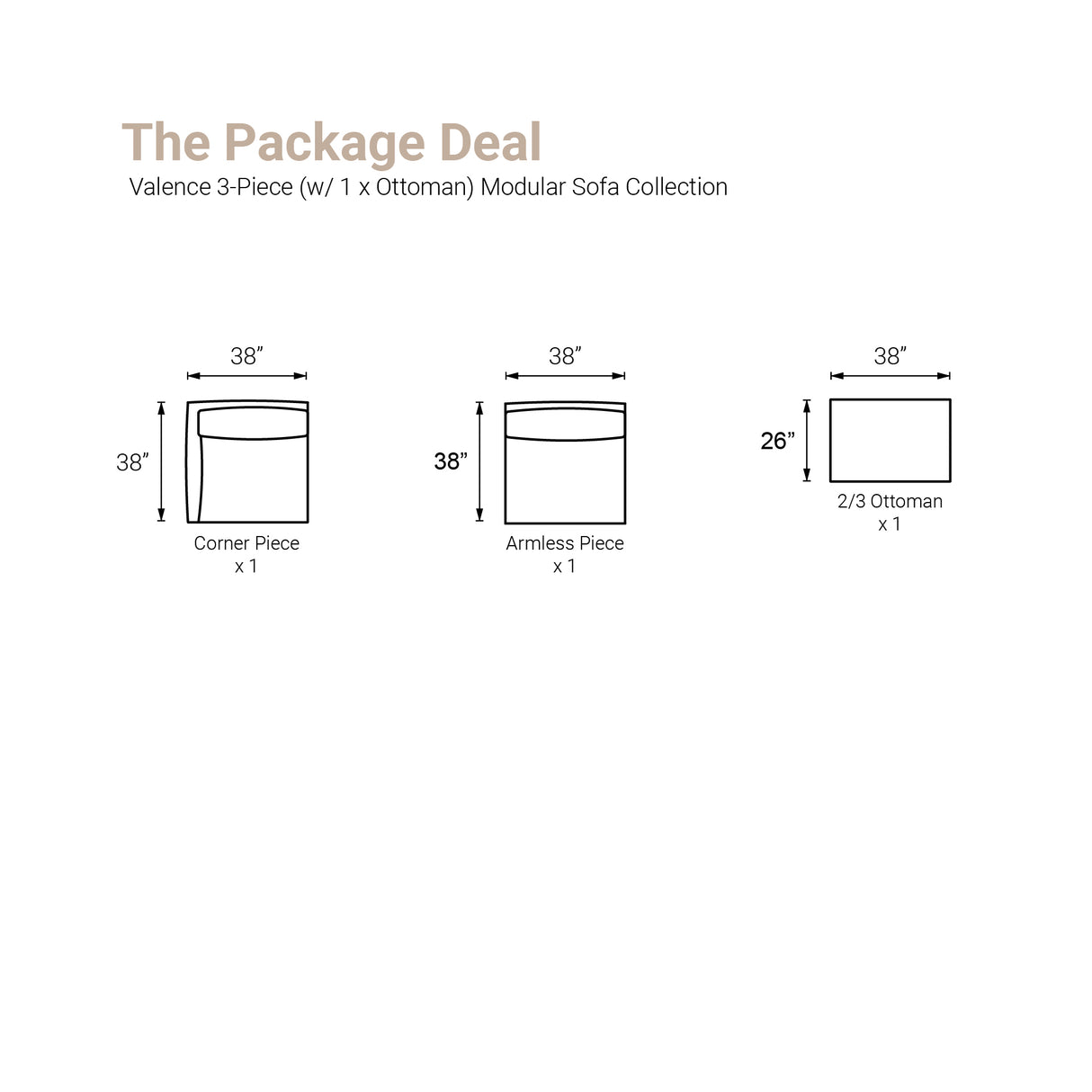 Valence 3 Piece Medium Gray Modular Sofa Set (Included 1 Ottoman)