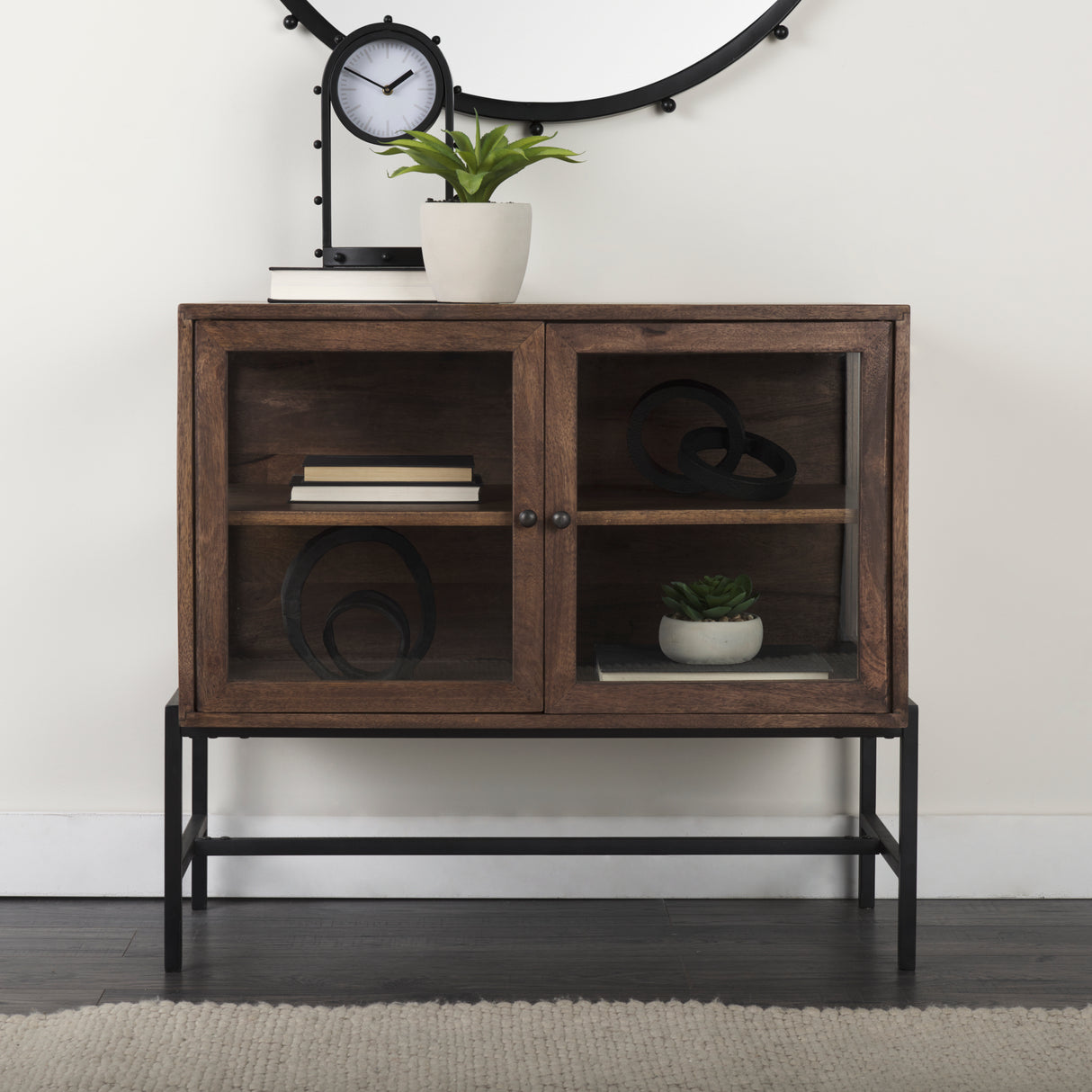 Arelius 36L x 18W x 32H Medium Brown Wood, Black Metal Base w/ 2 Glass Doors Accent Cabinet from Mercana - Luna Furniture