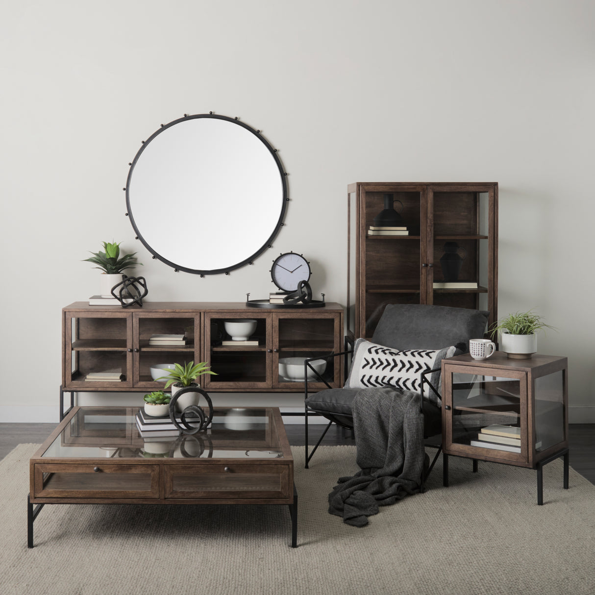 Arelius 70L x 18.75W x 32H Medium Brown, Black Metal Base w/ 4 Glass Door Cabinets Sideboard from Mercana - Luna Furniture