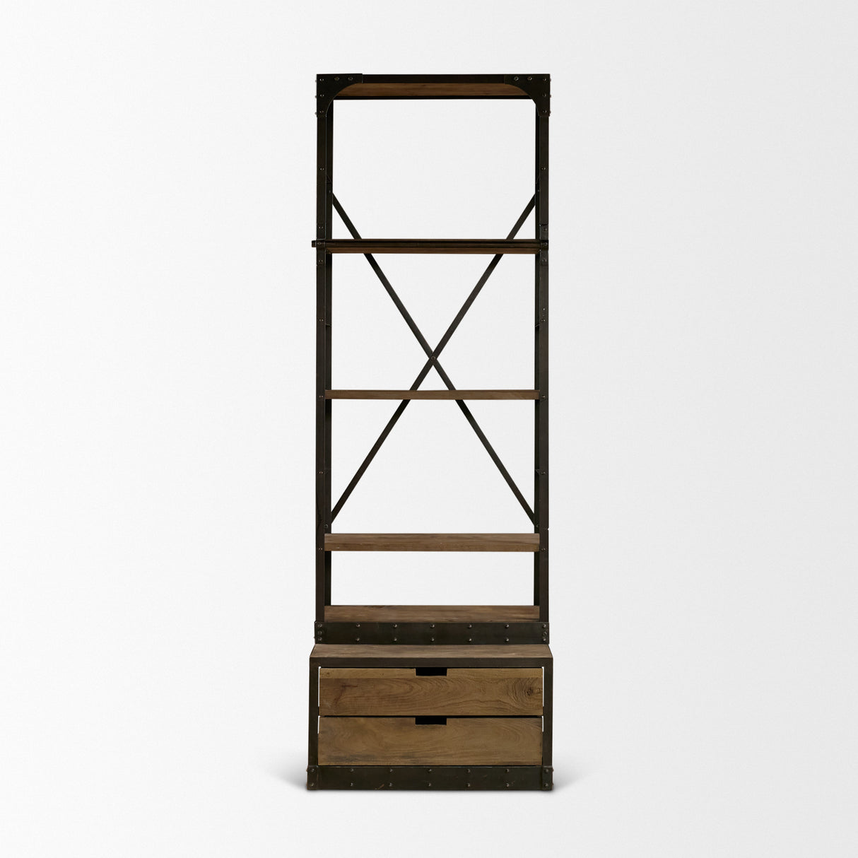 Brodie VII 32L x 22W x 94H Brown Wood Gun-Metal Bracing Four Shelf Shelving Unit from Mercana - Luna Furniture