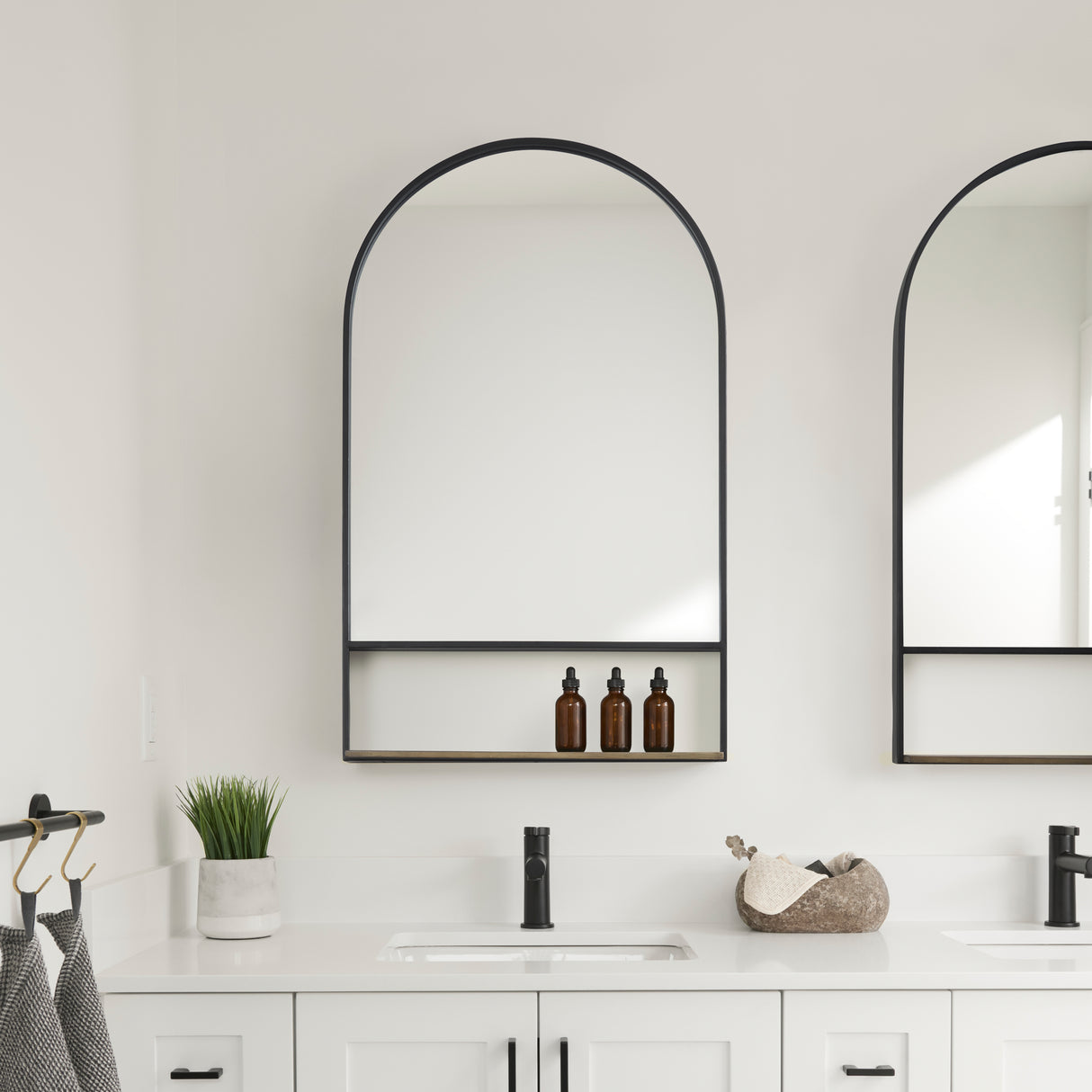 Cora 24.0L x 3.9W x 40.0H Black Metal Frame W/ Brown Wooden Shelf Arched Wall Mirror from Mercana - Luna Furniture