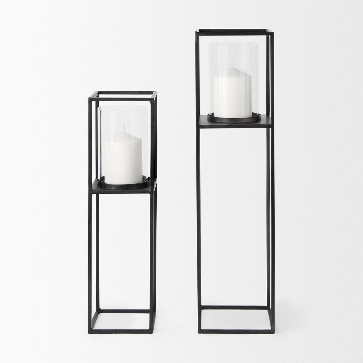 Cindy Set of 2 Matte Black Metal and Hurricane Glass Pillar Tabletop Candle Holders from Mercana - Luna Furniture