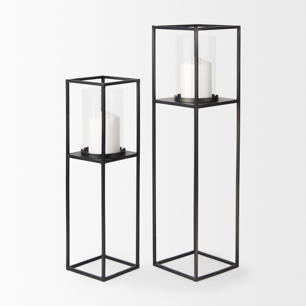 Cindy Set of 2 Matte Black Metal and Hurricane Glass Pillar Tabletop Candle Holders from Mercana - Luna Furniture
