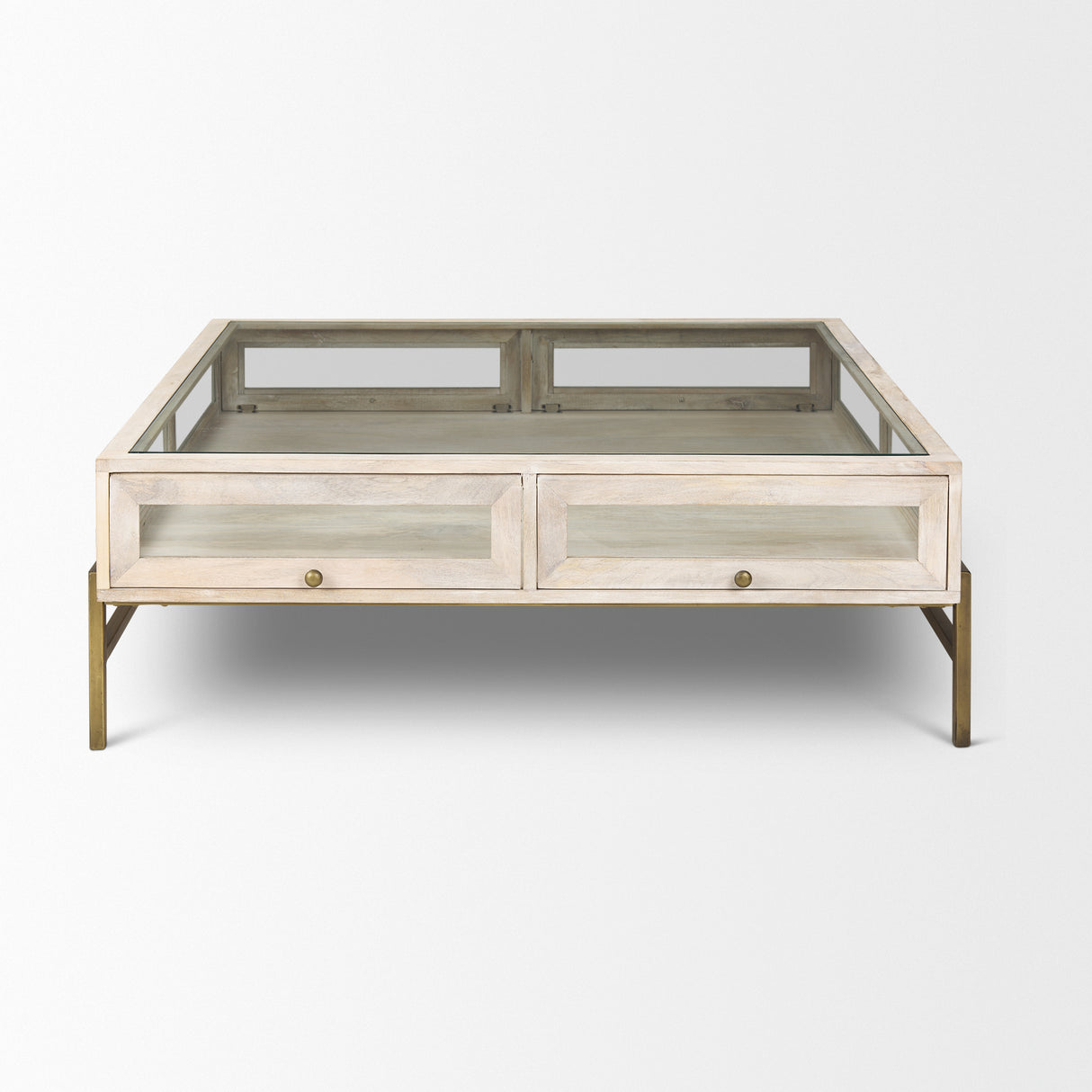 Arelius 42" Square Glass-Top White Wood w/ Gold Metal Base Display Coffee Table from Mercana - Luna Furniture