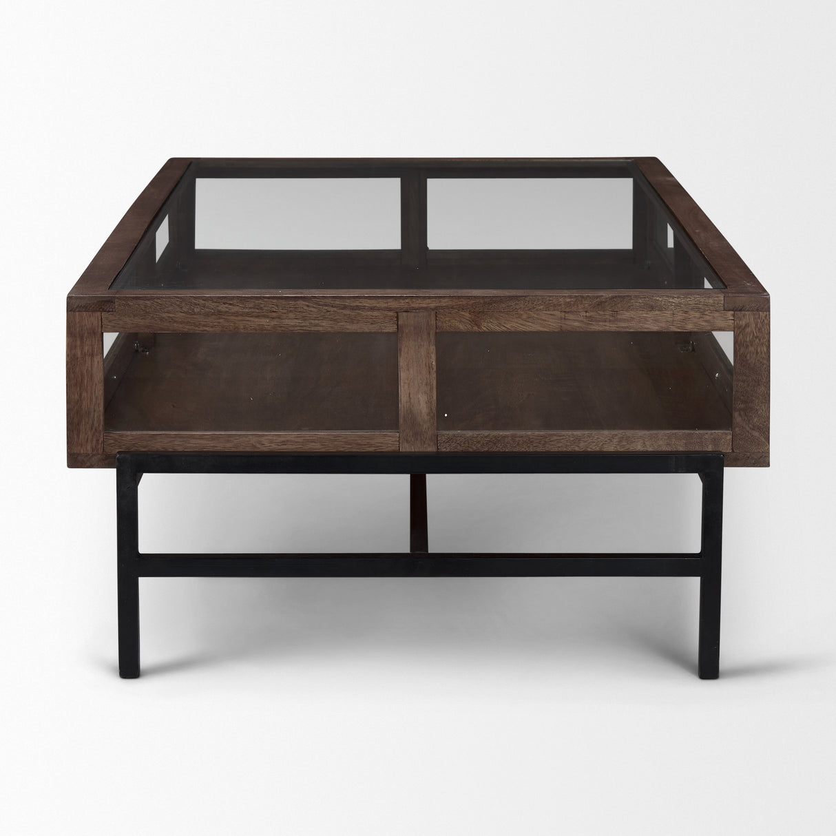 Arelius Rectangular Glass-Top Medium Brown Wood w/ Black Metal Base Display Coffee Table from Mercana - Luna Furniture