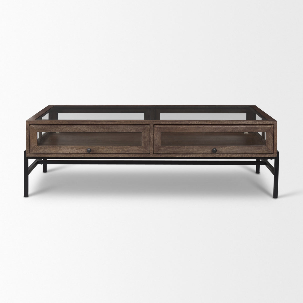 Arelius Rectangular Glass-Top Medium Brown Wood w/ Black Metal Base Display Coffee Table from Mercana - Luna Furniture