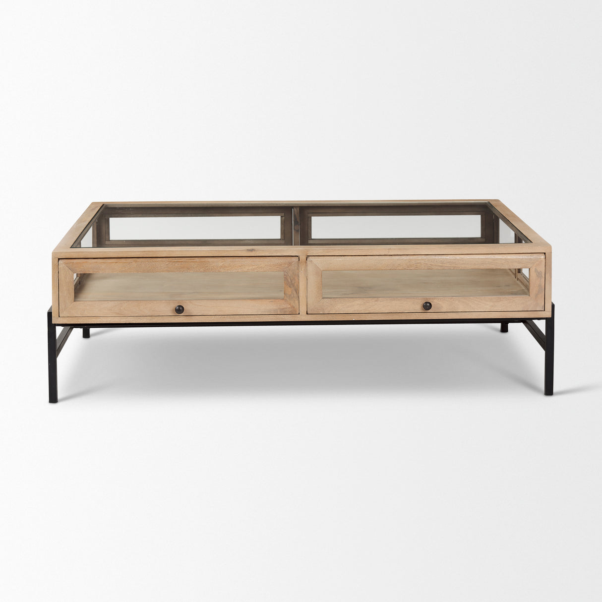 Arelius 42"L Rectangular Light Brown Wood w/ Black Metal Base Display Coffee Table from Mercana - Luna Furniture