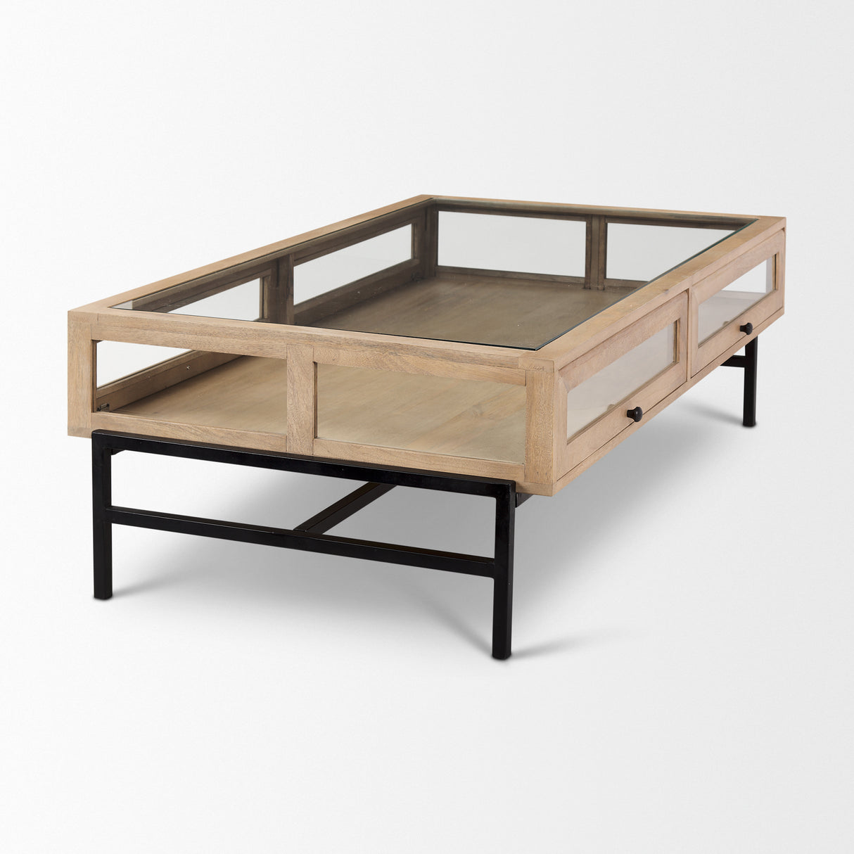 Arelius 42"L Rectangular Light Brown Wood w/ Black Metal Base Display Coffee Table from Mercana - Luna Furniture