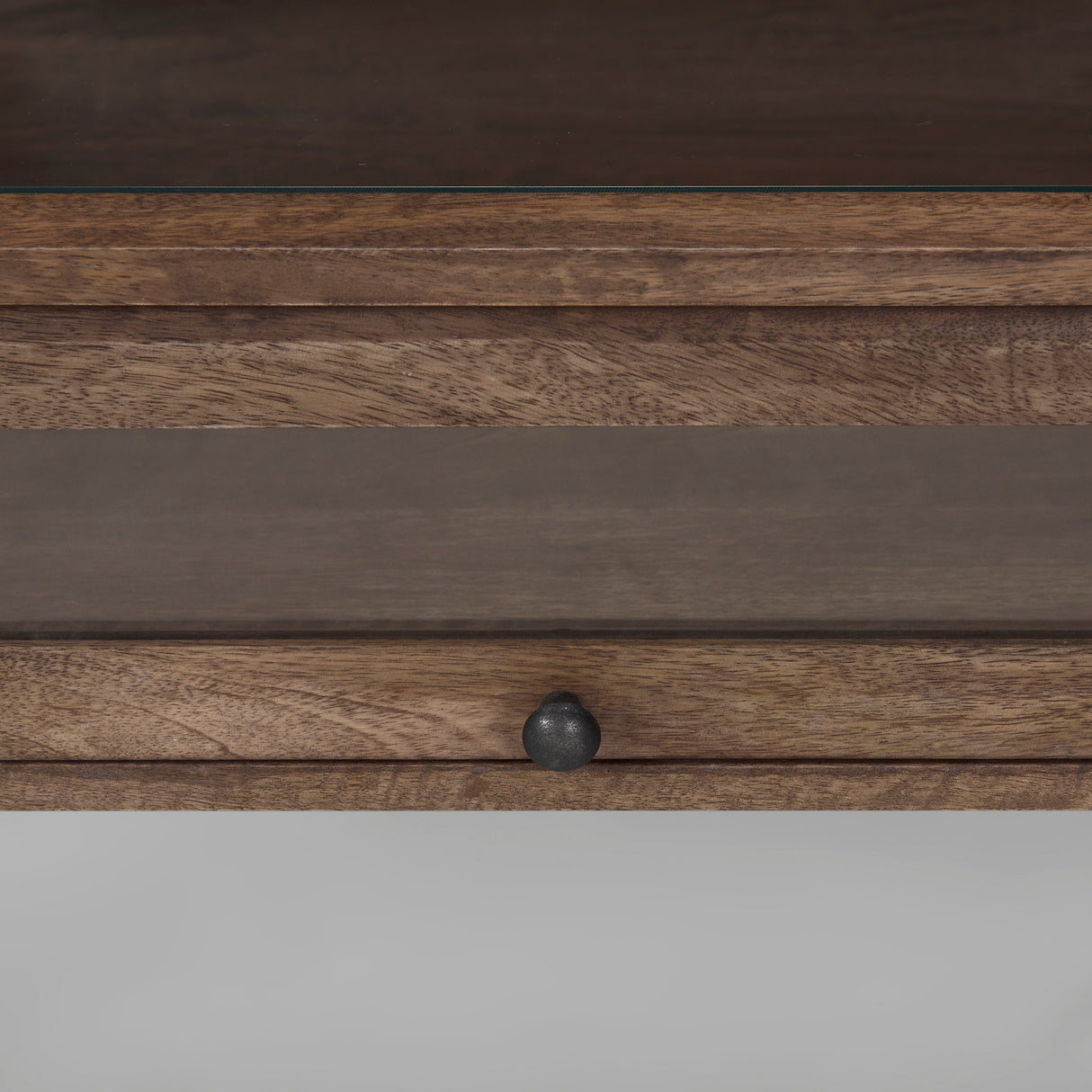 Arelius Rectangular Glass-Top Medium Brown Wood w/ Black Metal Base Display Coffee Table from Mercana - Luna Furniture