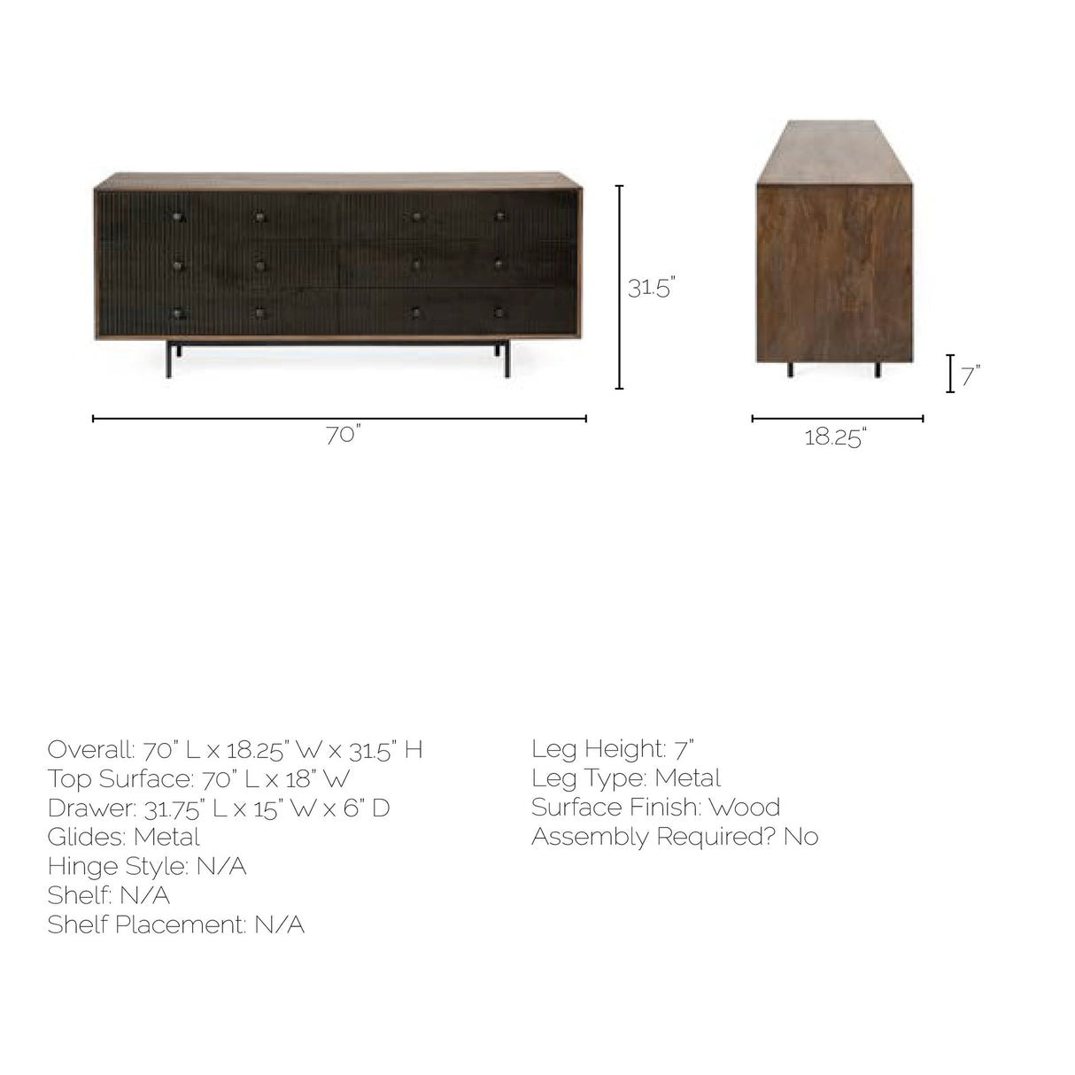 Grace 70Wx18.5Lx31.25H Two-Tone Brown Solid Wood 6 Drawer Sideboard from Mercana - Luna Furniture