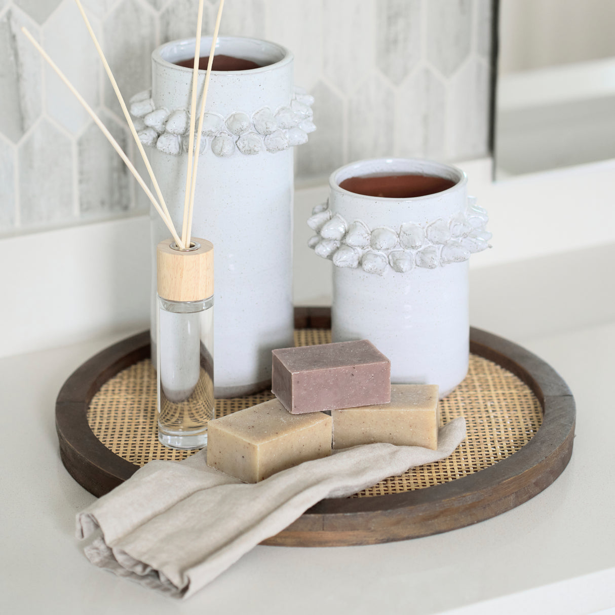 Silas Cane and Medium Brown Wood Round Tray from Mercana - Luna Furniture