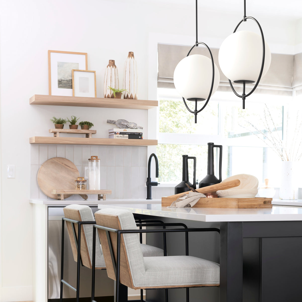 Farrah Frosted Glass Globe set in Matte Black Metal Pendant Ceiling Light from Mercana - Luna Furniture