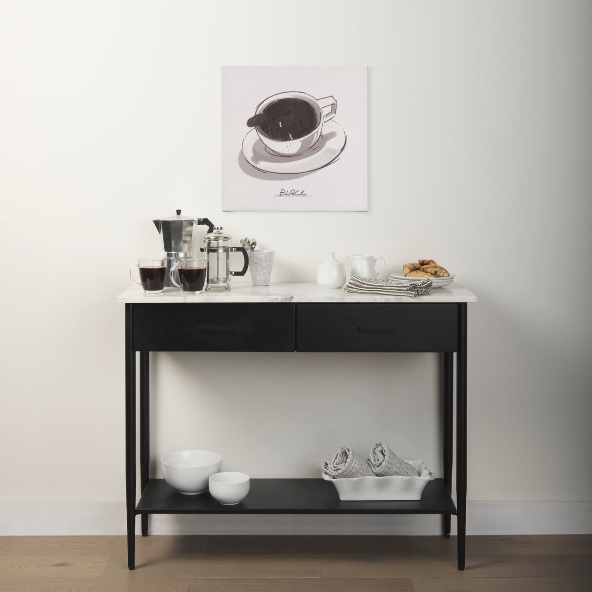 Amika White Marble Top Black Metal Base Console Table from Mercana - Luna Furniture