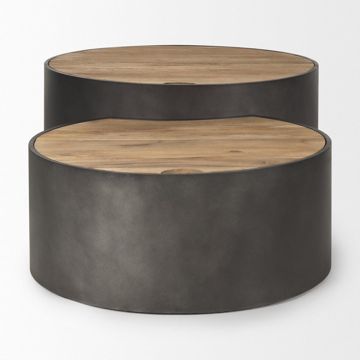Eclipse Gunmetal Gray Drum Base w/ Brown Wood Top Nested Coffee Table from Mercana - Luna Furniture