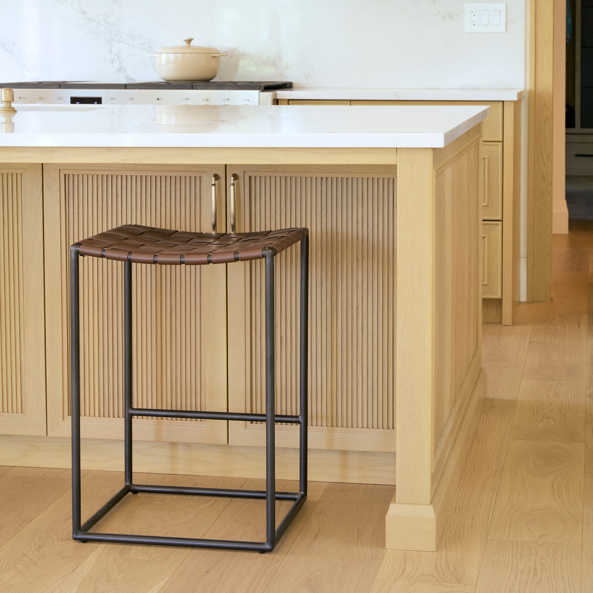 Clarissa 18.0L x 16.0W x 26.25H Dark Brown Woven Leather Seat W/ Black Iron Frame Counter Stool from Mercana - Luna Furniture