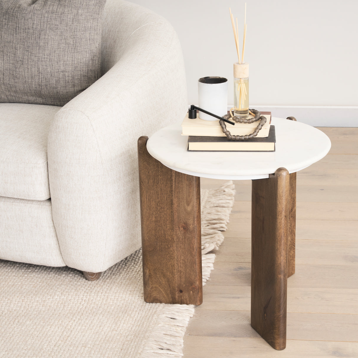 Rumer Dark Brown Wood w/ White Marble Side Table from Mercana - Luna Furniture