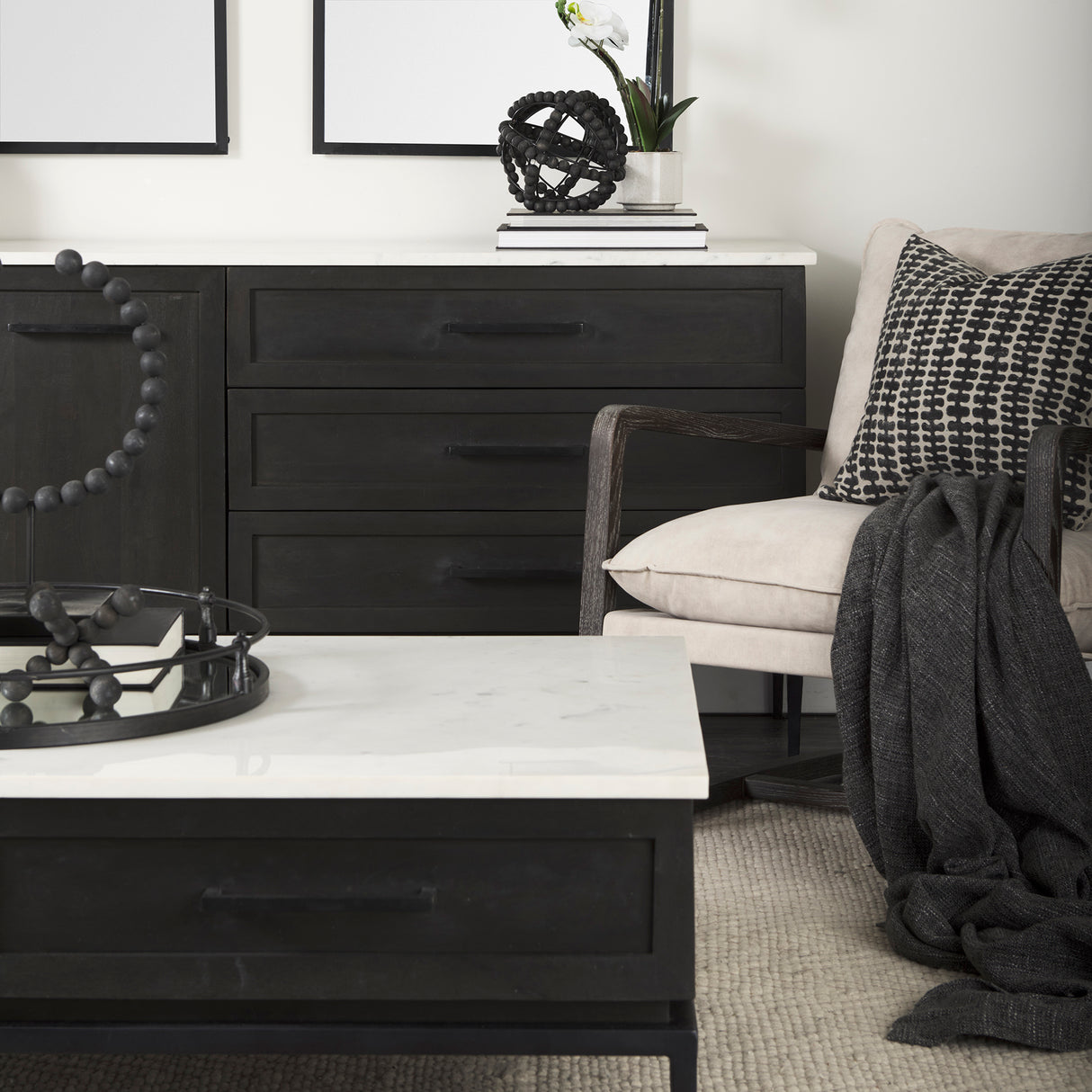 Divina Black-Brown Wood w/ White Marble Top and Black Metal Base Sideboard from Mercana - Luna Furniture
