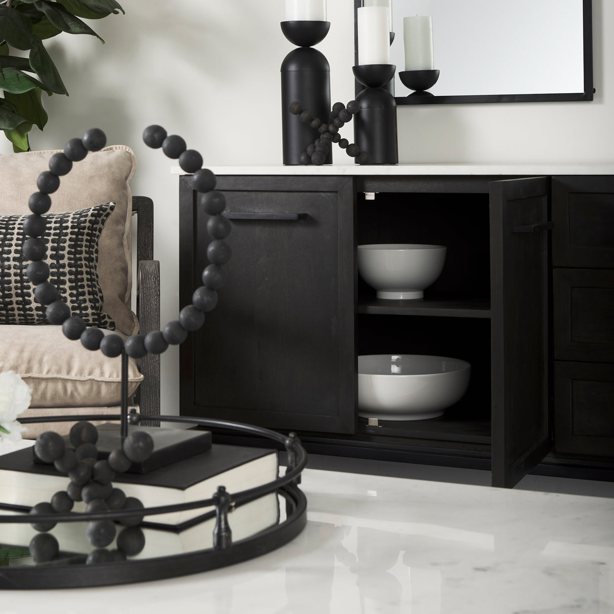 Divina Black-Brown Wood w/ White Marble Top and Black Metal Base Sideboard from Mercana - Luna Furniture