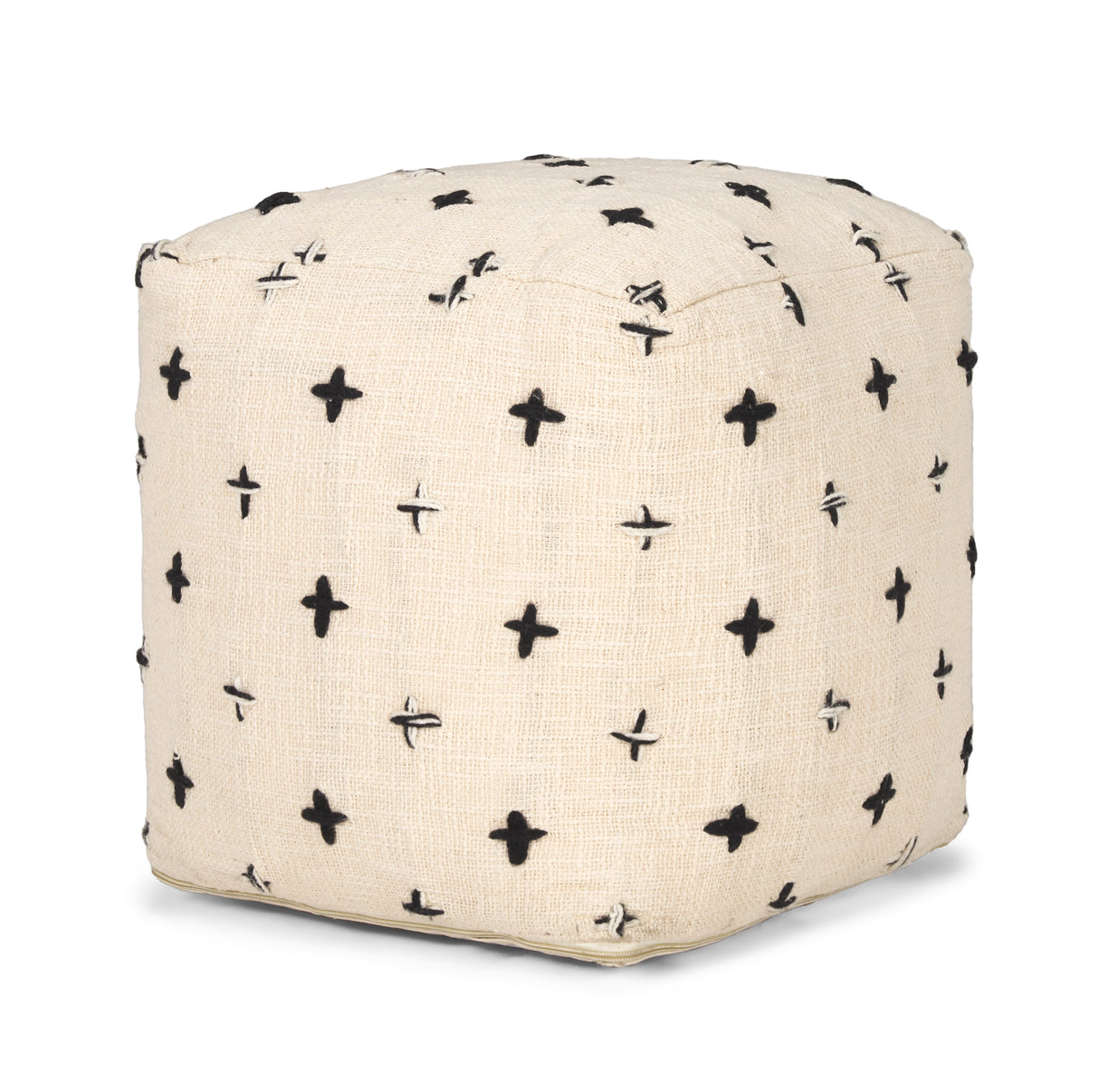 Saanvi Wool w/ Cream and Black Stitched Cross Patterned Pouf from Mercana - Luna Furniture