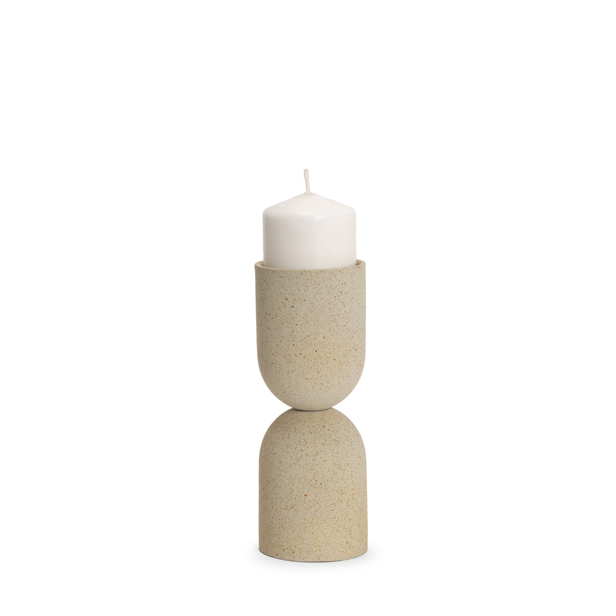 Qamra Short Beige Textured Metal Pillar Candle Holder from Mercana - Luna Furniture