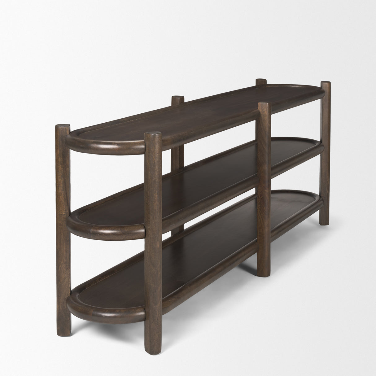Romi Dark Brown Wood w/ 3 Shelves Oval Console Table from Mercana - Luna Furniture