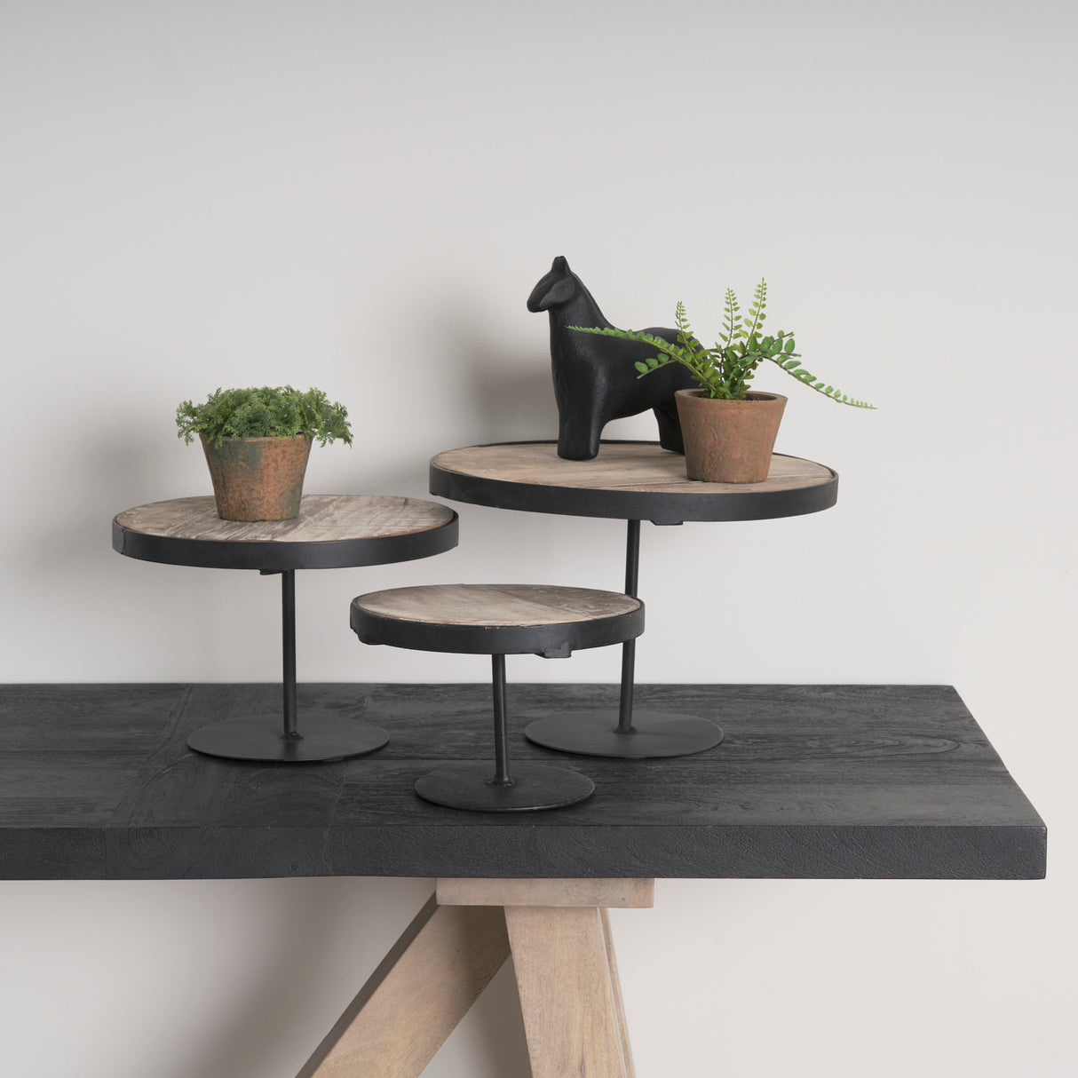 Lorenz (Set of 3) Light Brown Wood W/ Black Metal Base Round Decorative Display Stands from Mercana - Luna Furniture