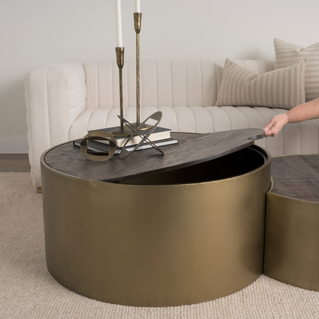 Eclipse Antique Brass Metal Drum Base w/ Dark Brown Wood Top Nested Coffee Table from Mercana - Luna Furniture