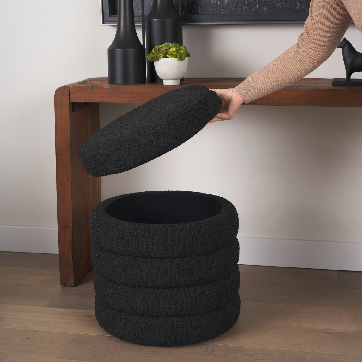 Elise Black Boucle Upholstered Storage Ottoman from Mercana - Luna Furniture