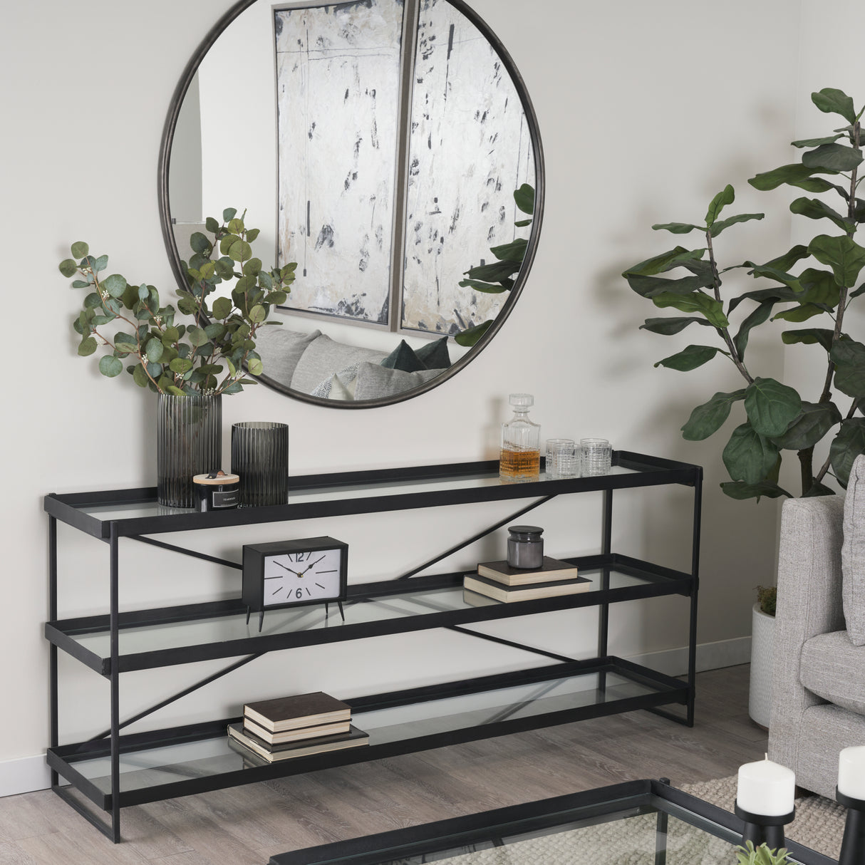 Trey 72.0"L x 16.0"W x 30.0"H Black Metal W/Glass Console Table from Mercana - Luna Furniture