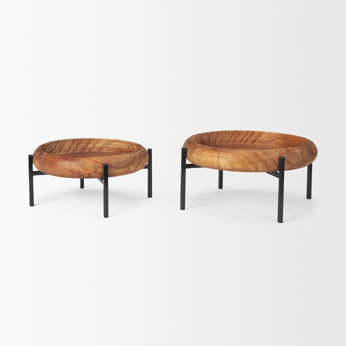 Wally Round Medium Brown Wood w/ Matte Black Metal Stand Trays from Mercana - Luna Furniture