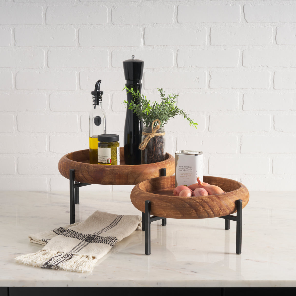Wally Round Medium Brown Wood w/ Matte Black Metal Stand Trays from Mercana - Luna Furniture