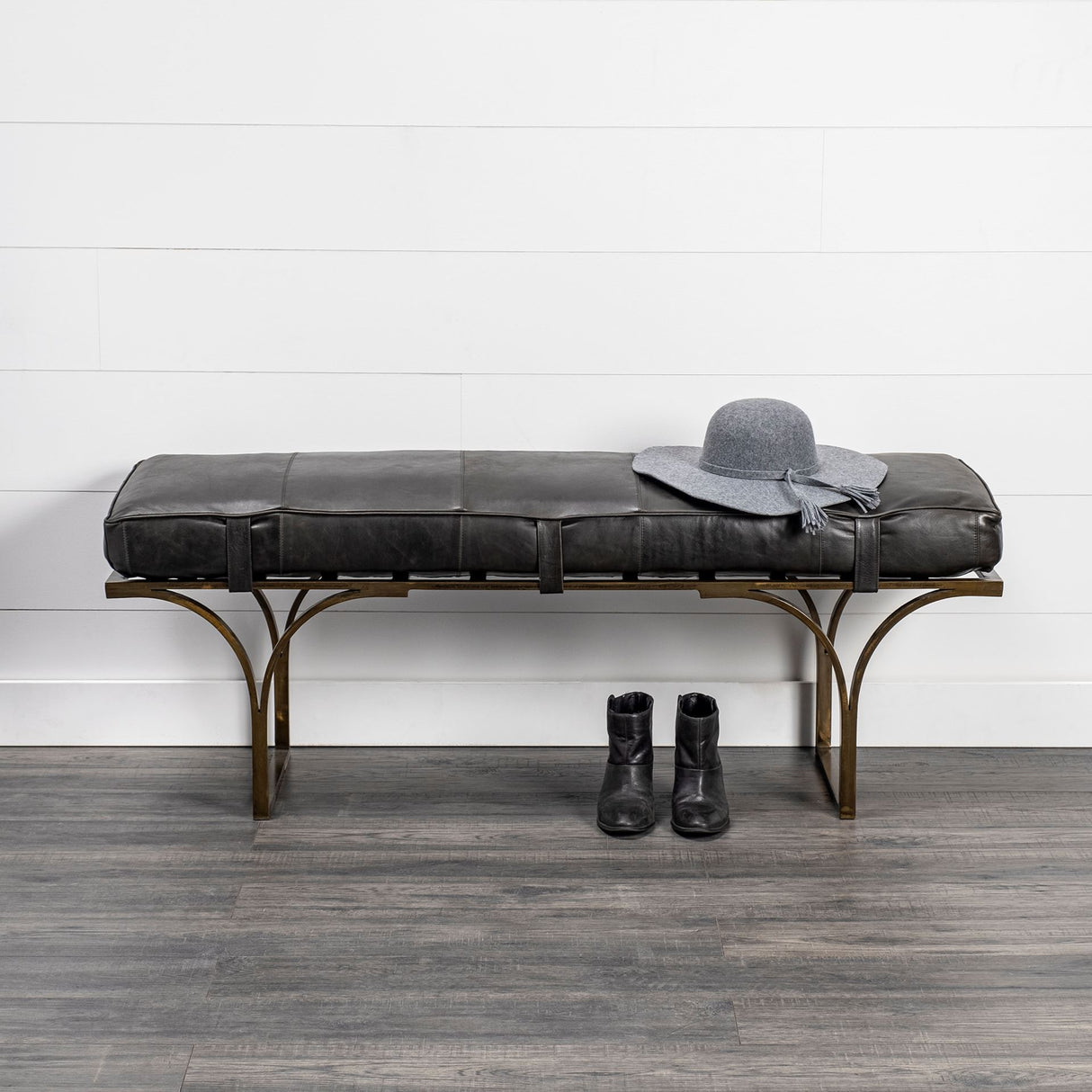 Jessie 55L x 16W Black Leather Seat W/Gold Metal Base Accent Bench from Mercana - Luna Furniture