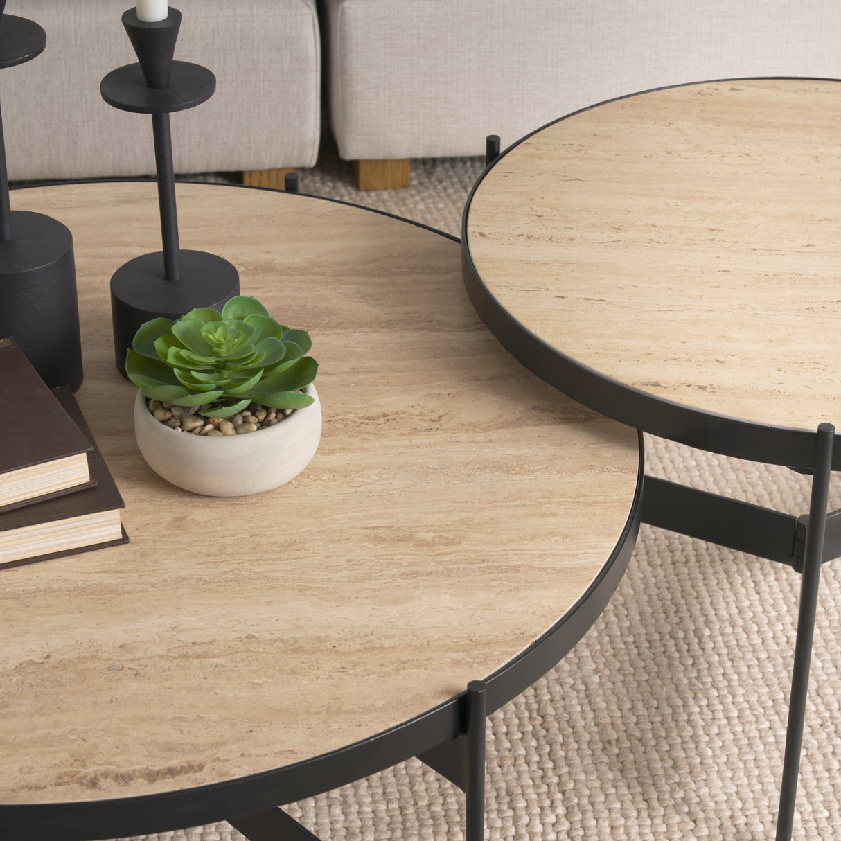 Wade Travertine Marble w/ Matte Black Metal Coffee Tables from Mercana - Luna Furniture