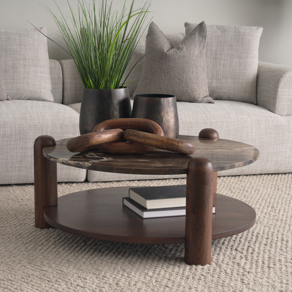 Jovia Brown Mango Wood W/ Cappuccino Marble Round Coffee Table from Mercana - Luna Furniture