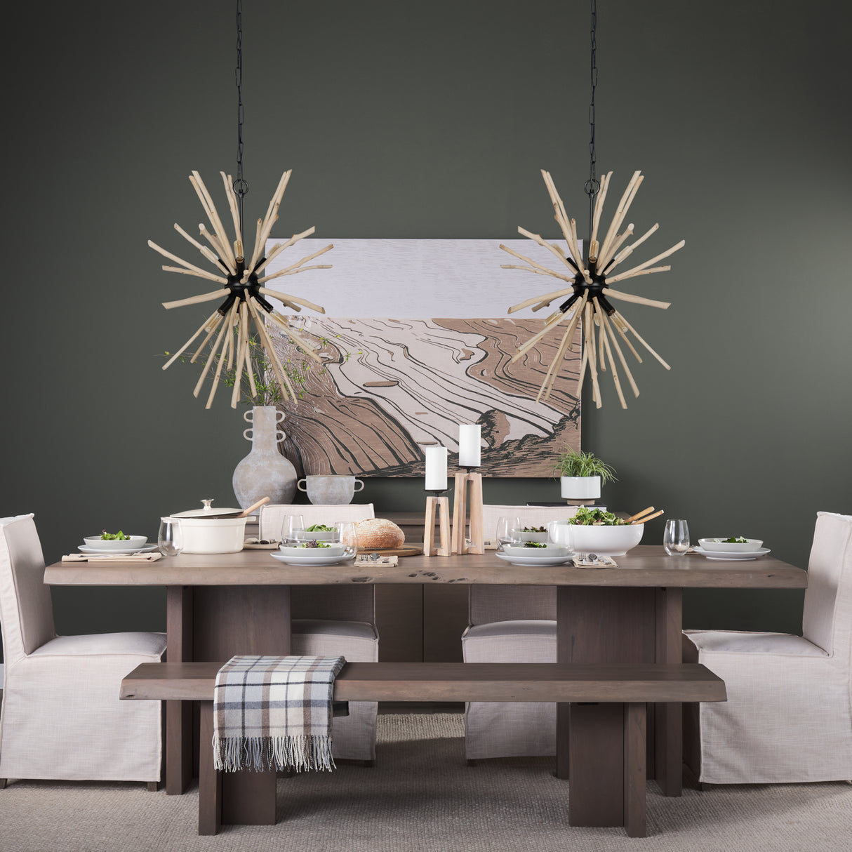 Jules 25x25 Blonde Wood and Black Metal Six Bulb Chandelier Light from Mercana - Luna Furniture