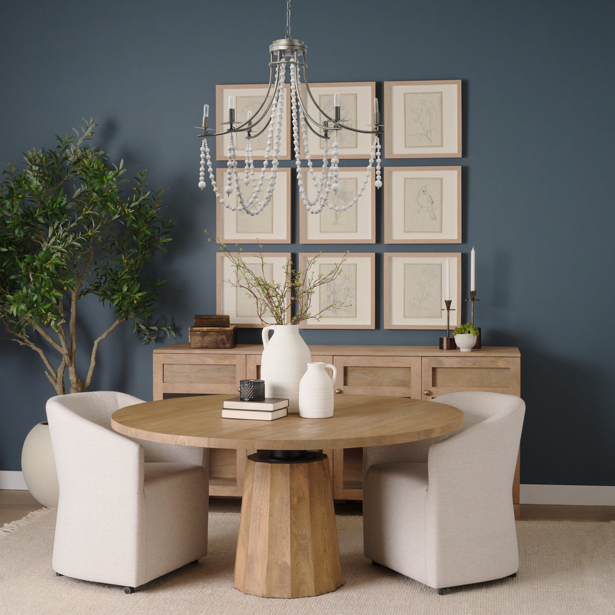 Selma White Wood Bead and Metal Chandelier from Mercana - Luna Furniture