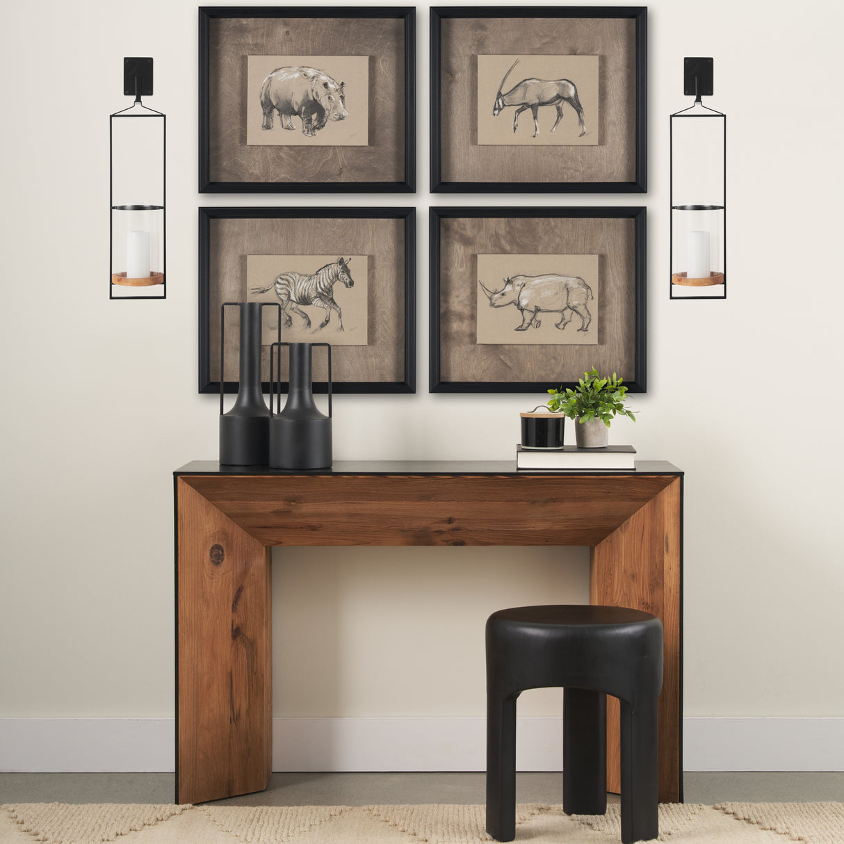 Avram 5.9L x 7.1W x 24.0H Black Metal Frame and Wood Hanging Candle Holder from Mercana - Luna Furniture