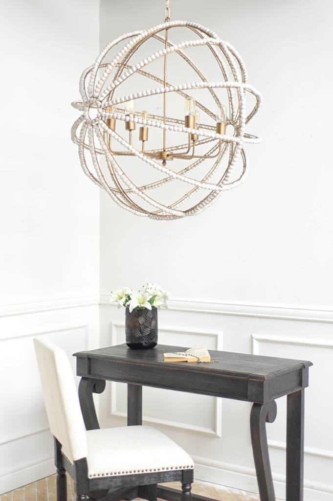Ava White (34"D) Gold Metal and White Wood Beaded Six Bulb Chandelier from Mercana - Luna Furniture