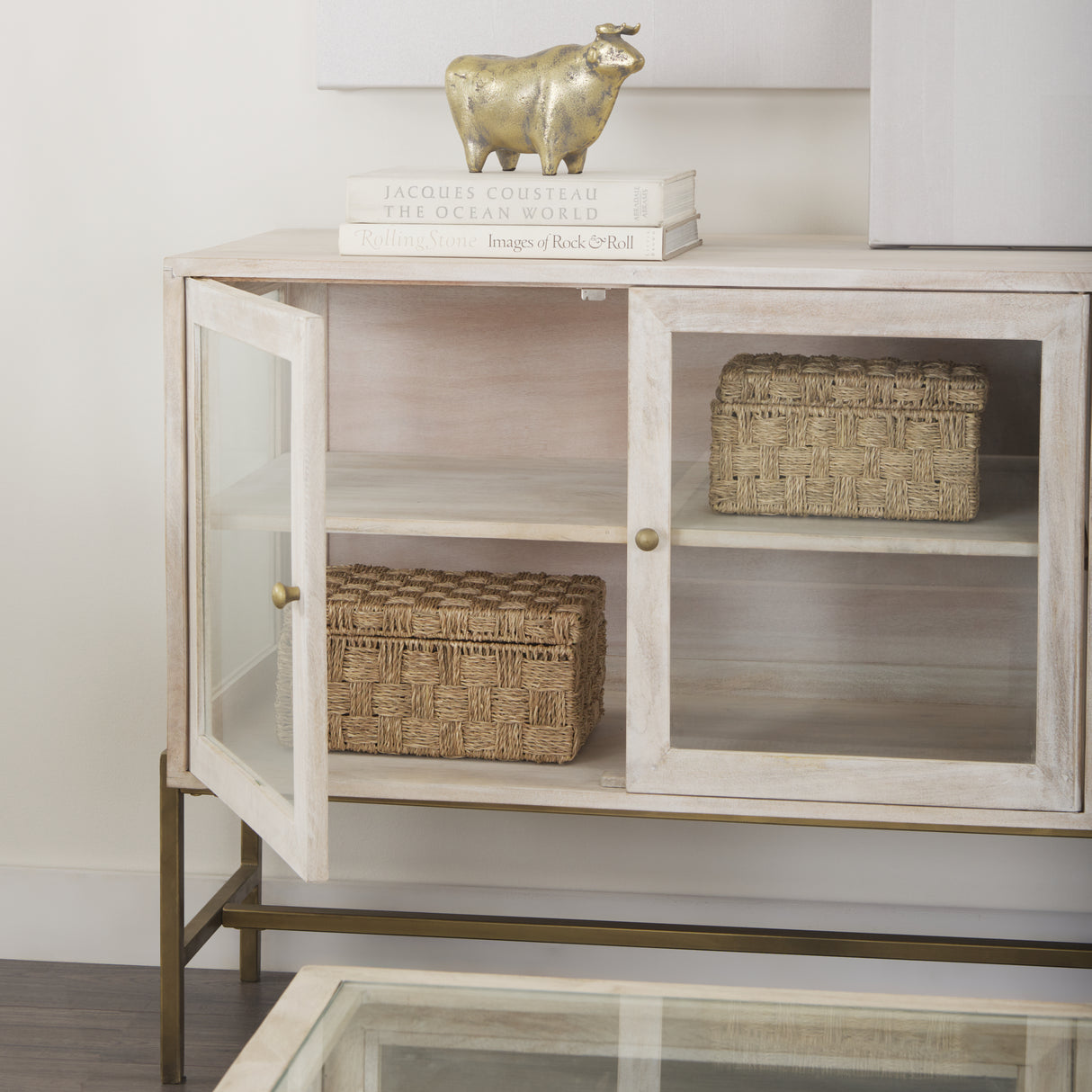 Arelius 36L x 18W x 32H White Wood, Gold Metal Base w/ 2 Glass Doors Accent Cabinet from Mercana - Luna Furniture